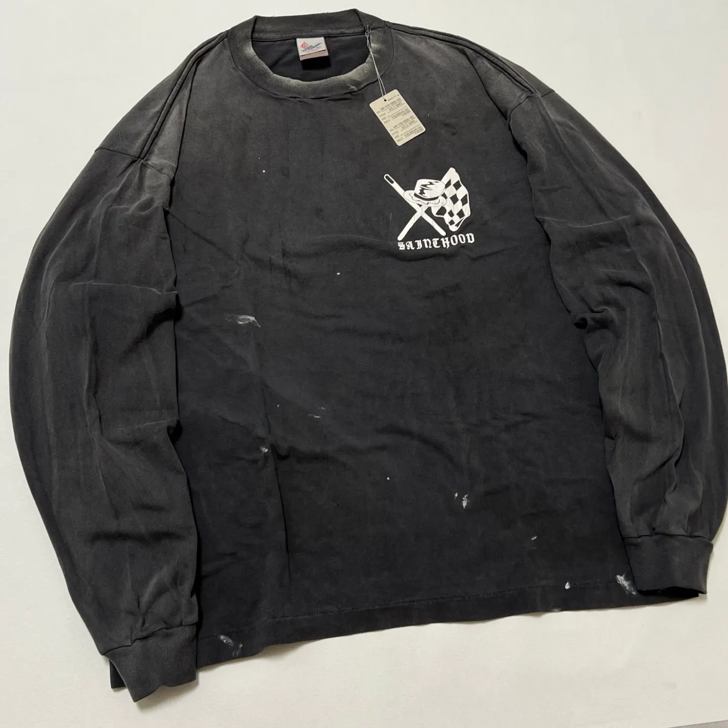 SAINT Mxxxxxx × NEIGHBORHOOD STHD . LS TEE SPEED KILLS/BLK Skull Helmet Long Sleeves Washed Black S-XL Cylindrical Cloth Ready-Made Assute Dyeing Heavy Washing Water Fading Handmade Splashed Ink Holes Simulate Natural Fading and Old Effects Correct Version Customized NBHD Co-branded Accessories Top Purchasing Level